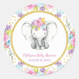Pegatina Redonda Watercolor Floral Elephant Baby Shower