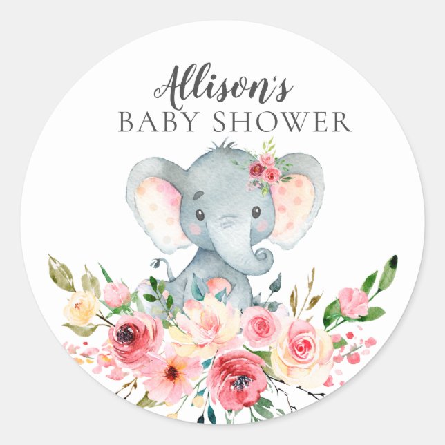 Pegatina Redonda Watercolor Floral Elephant Baby Shower (Anverso)