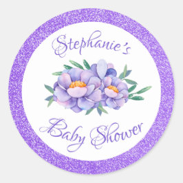 Pegatina Redonda Watercolor Floral Purple Purpurina Baby Shower