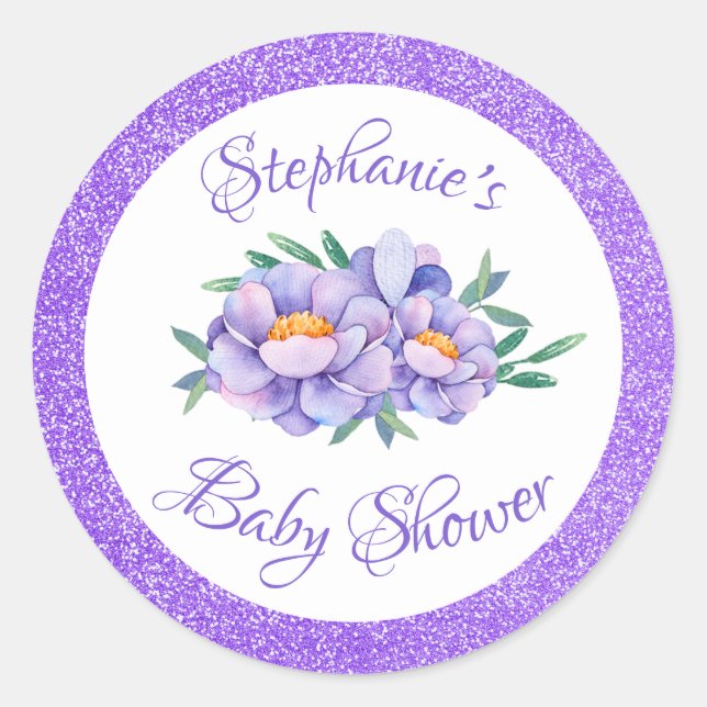 Pegatina Redonda Watercolor Floral Purple Purpurina Baby Shower (Anverso)