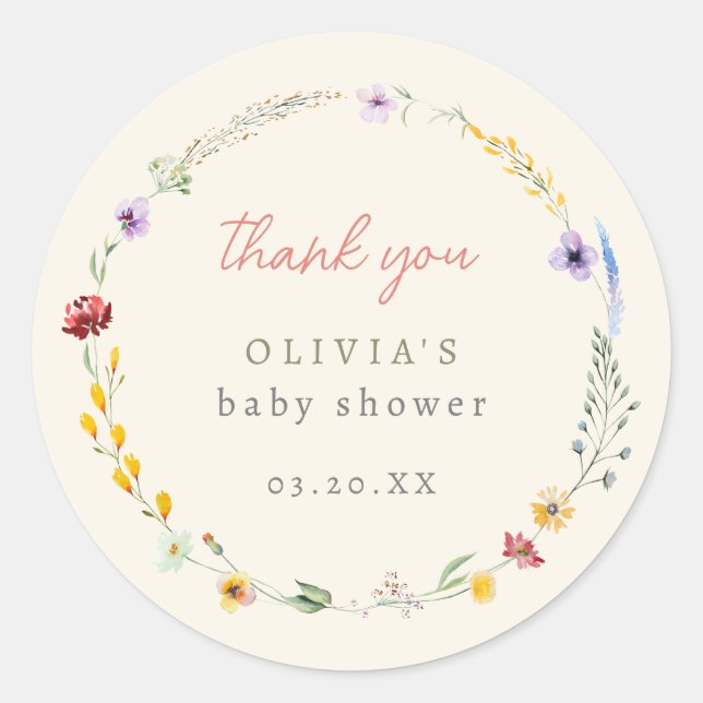 Pegatina Redonda Watercolor Floral Wreath Baby Shower Gracias (Anverso)
