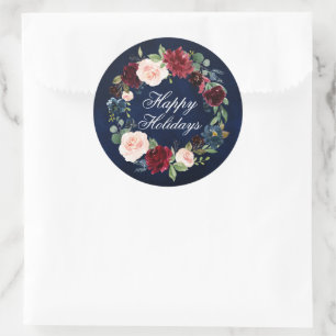 Pegatina Redonda Watercolor Floral Wreath Happy Holidays Round