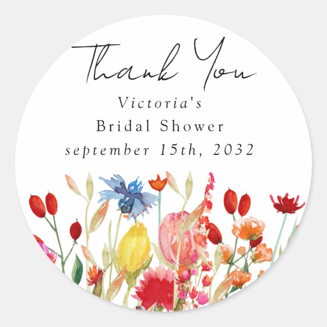 Pegatina Redonda Watercolor Flores silvestres Ducha de novias (Anverso)