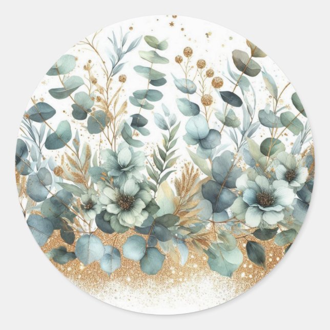 Pegatina Redonda Watercolor Foliage Leaves Eucalyptus Modern Chic  (Anverso)