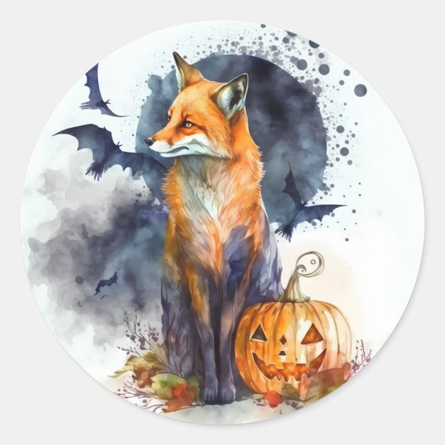 Pegatina Redonda Watercolor Fox Halloween (Anverso)