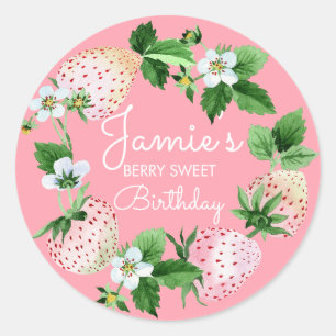 Pegatina Redonda Watercolor Fresas White First Birday Party