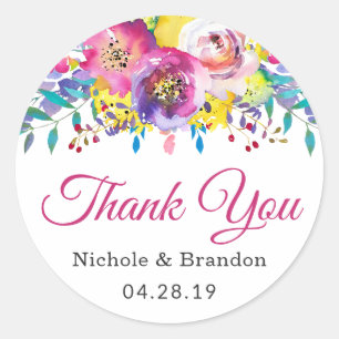 Pegatina Redonda Watercolor Fuchsia Gold Favor de la boda floral