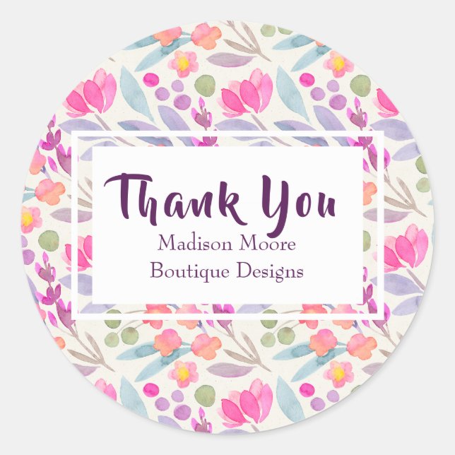 Pegatina Redonda Watercolor Garden Floral Business "Gracias" (Anverso)