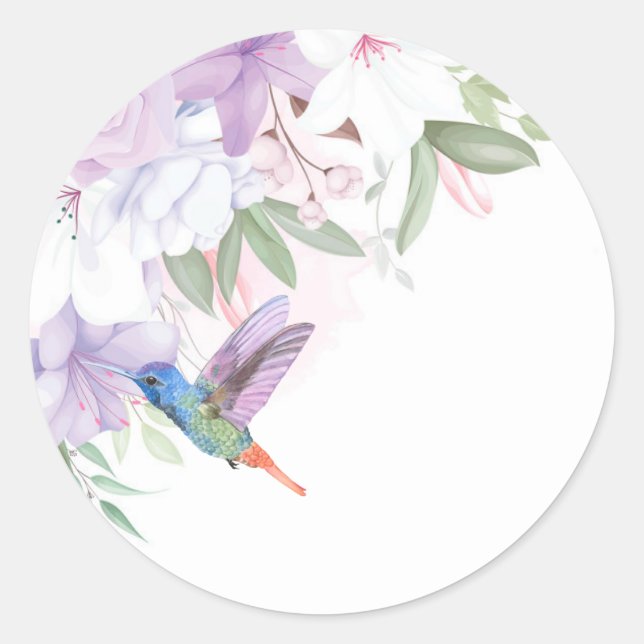 Pegatina Redonda Watercolor Garden Flores Hummingbird Bird (Anverso)