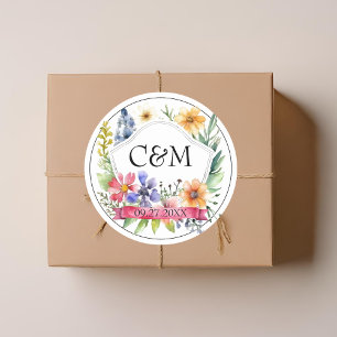 Pegatina Redonda Watercolor Garden Wildflowers Boda Monograma