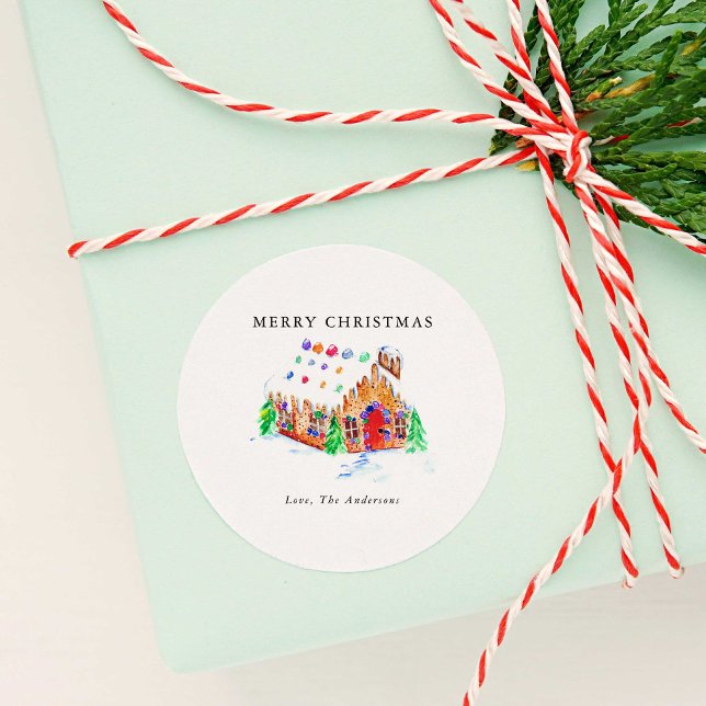 Pegatina Redonda Watercolor Gingerbread House Feliz Navidad (Subido por el creador)
