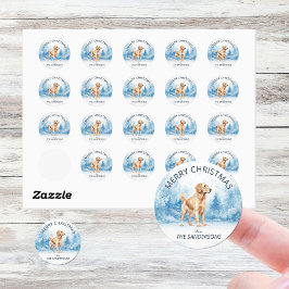 Pegatina Redonda Watercolor Golden Retriever Winter Christmas