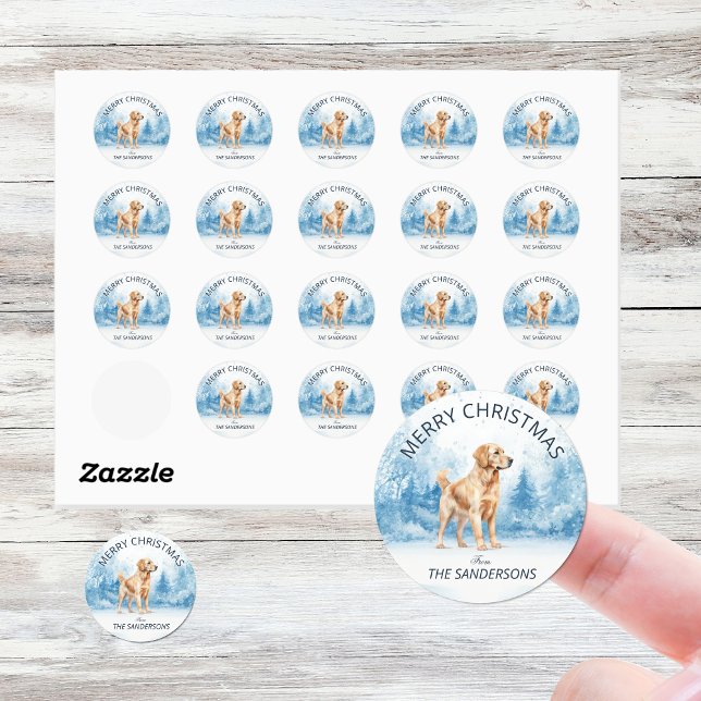 Pegatina Redonda Watercolor Golden Retriever Winter Christmas (Winter golden retriever in the snow Christmas stickers
)