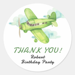 Pegatina Redonda Watercolor Green Airplane Birday gracias