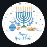Pegatina Redonda Watercolor Hanukkah Holiday<br><div class="desc">Una escena de Hanukkah con una menorah,  sufganiyot (buñuelos),  dreidels y ramas de olivo se representa con un efecto acuarela en este pegatina de Chanukah. Utilícelos como pegatinas de agradecimiento,  en regalos de Chanukah o en favores de vacaciones. Disponible con productos a juego.</div>