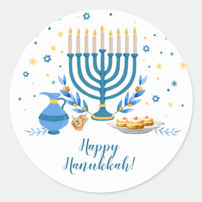 Pegatina Redonda Watercolor Hanukkah Holiday (Anverso)