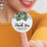Pegatina Redonda Watercolor Hojas tropicales Boda Gracias<br><div class="desc">Este diseño de boda de barro de albañil floral de color burdeos y rosa brillante se puede personalizar con su información. Se puede personalizar aún más eligiendo la opción de hacer clic en el personalizar. Puede cambiar el color y estilo del texto, algunos fondos y eliminar algunas imágenes. Por favor...</div>