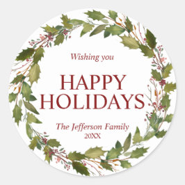 Pegatina Redonda Watercolor Holly deja vacaciones de Navidades de W