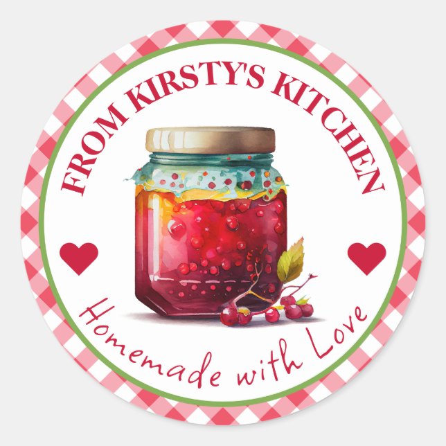 Pegatina Redonda Watercolor Homemade Gingham Cranberry Jam (Anverso)