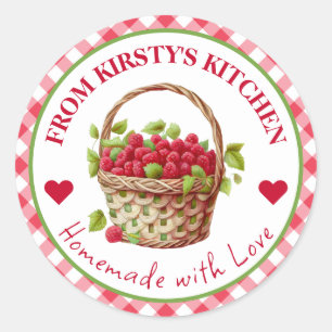 Pegatina Redonda Watercolor Homemade Gingham Raspberry Jam Label