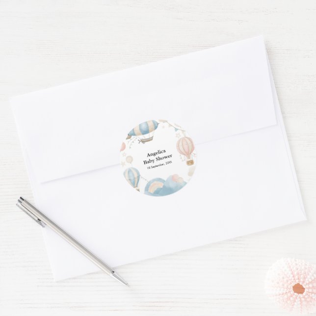 Pegatina Redonda Watercolor Hot Air Balloon Baby Shower (Sobre)