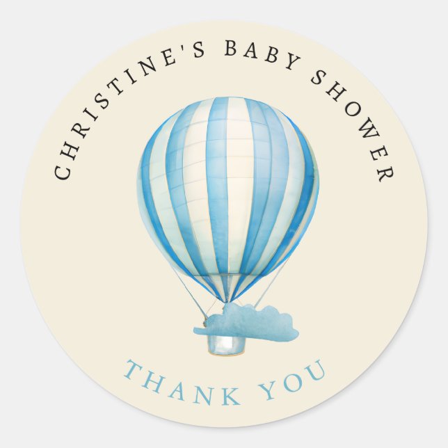 Pegatina Redonda Watercolor Hot Air Balloon Baby Shower Gracias (Anverso)