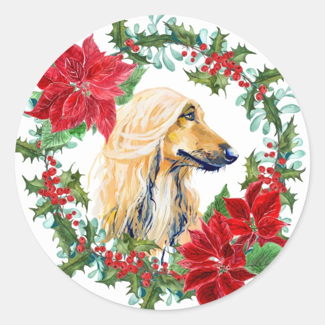Pegatina Redonda Watercolor Hound Afgano Poinsettia Holiday Wreath (Anverso)