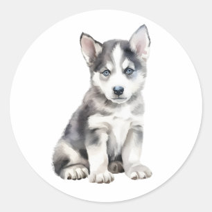 Pegatina Redonda Watercolor Husky Dog