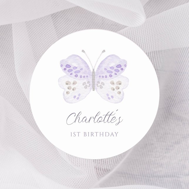 Pegatina Redonda Watercolor Lavender Butterfly 1st Birthday Party (Subido por el creador)