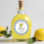 Pegatina Redonda Watercolor Lemon Blue Tile Limoncello Gracias<br><div class="desc">Elegante color de agua limón sobre azulejos caseros Limoncello Boda Gracias a Pegatinas</div>