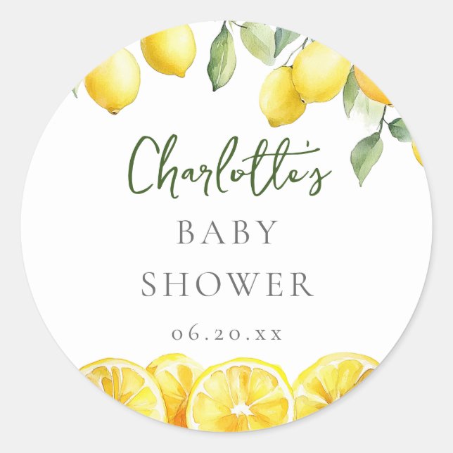 Pegatina Redonda Watercolor Lemon Citrus Baby Shower Favor (Anverso)
