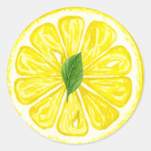 Pegatina Redonda Watercolor Lemon Fruth Slad con Leaf de Limón