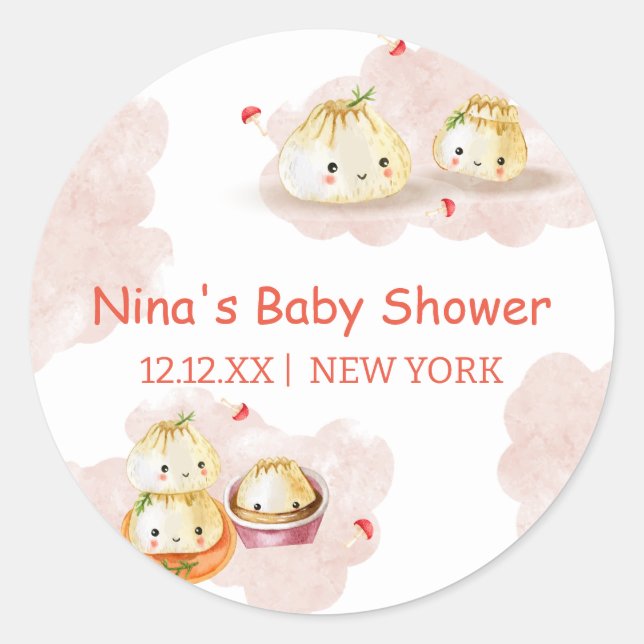 Pegatina Redonda Watercolor Little Dumpling Mushroom Baby Shower (Anverso)