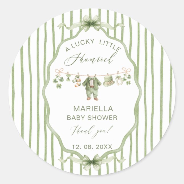 Pegatina Redonda  Watercolor Lucky Charm Shamrock baby shower (Anverso)