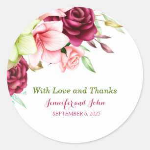 Pegatina Redonda Watercolor Magenta Red Amaryllis Boda Floral