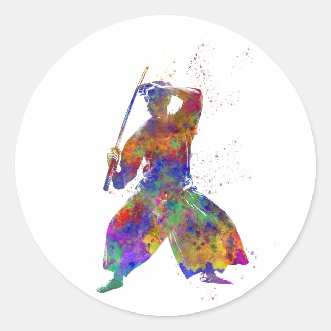 Pegatina Redonda Watercolor martial art-kendo (Anverso)
