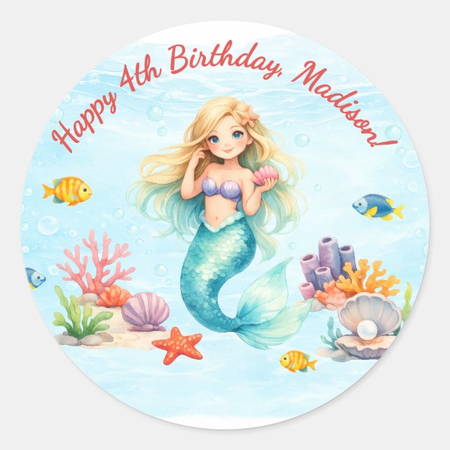 Pegatina Redonda Watercolor Mermaid Birthday (Anverso)