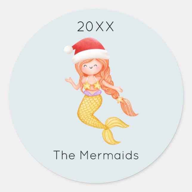 Pegatina Redonda Watercolor Mermaid Santa Navidades (Anverso)