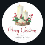 Pegatina Redonda Watercolor Merry Candles Christmas Berries Leaves<br><div class="desc">Acuarela Merry Christmas Candles Berries deja Pegatina Redondo Clásico. ...  Cuenta con velas blancas con bayas rojas y hojas. Hermosa tipografía escrita a mano. Para cualquier personalización adicional o diseño similar a otro producto,  póngase en contacto conmigo en kbasandra@gmail.com.</div>
