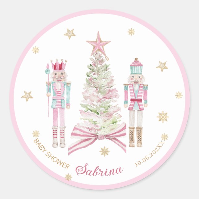 Pegatina Redonda  Watercolor Merry Christmas Nutcracker ballet pink (Anverso)