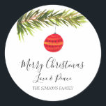 Pegatina Redonda Watercolor Merry Christmas Tree Merry y brillante<br><div class="desc">Feliz y brillante,  Feliz Navidad pegatinas. Baldosas acuáticas,  pinos,  pegatinas tradicionales. Por favor,  personalícelo con sus detalles.</div>