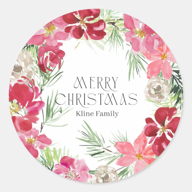 Pegatina Redonda Watercolor Merry Christmas Wreath (Anverso)