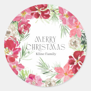Pegatina Redonda Watercolor Merry Christmas Wreath
