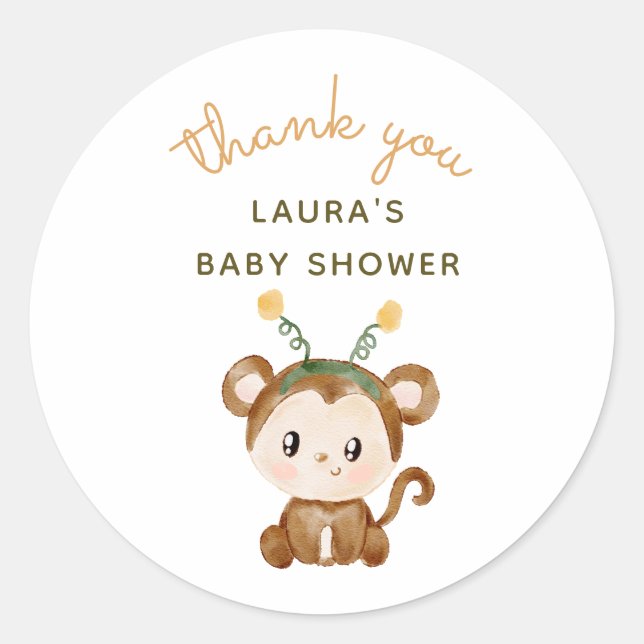 Pegatina Redonda Watercolor Monkey Safari Baby Shower Gracias (Anverso)