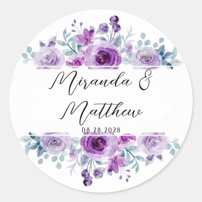 Pegatina Redonda Watercolor Morado Peonies Matrimonio personalizado (Anverso)