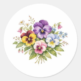 Pegatina Redonda Watercolor Pansy Flowers Bouquet