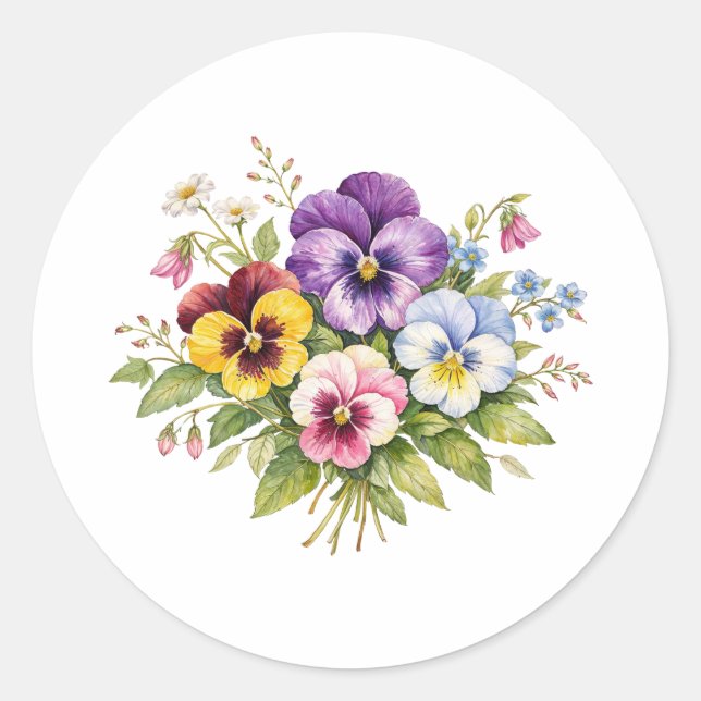 Pegatina Redonda Watercolor Pansy Flowers Bouquet  (Anverso)