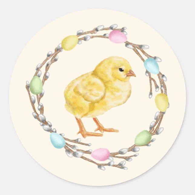 Pegatina Redonda Watercolor Pastel Willow Wreath With Baby Chick (Anverso)