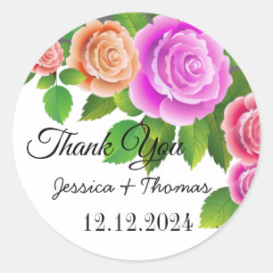Pegatina Redonda Watercolor Peony Flowers Gracias Favor De Boda C