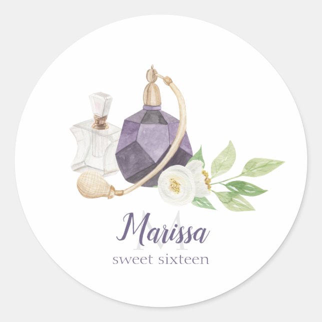 Pegatina Redonda Watercolor Perfume Botella Quinceanera Cumpleaños (Anverso)